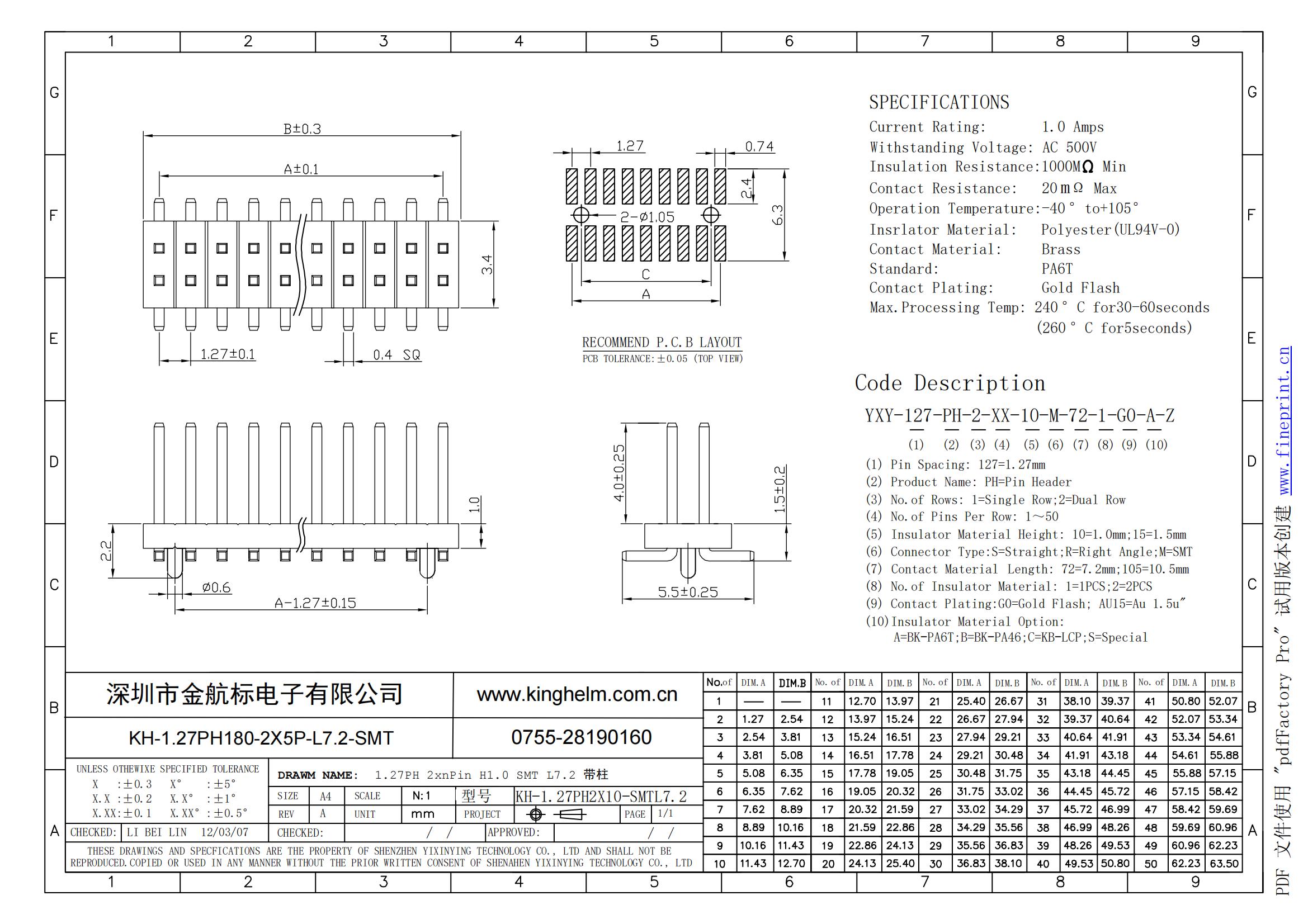 C4943297_排针_KH-1.27PH180-2X5P-L7.2-SMT_规格书_KINGHELM(金航标)排针规格书_00.jpg